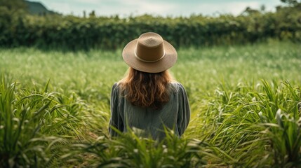 Naklejka na ściany i meble Rear View of Woman in Hat Enjoying Rural Landscape in Nature