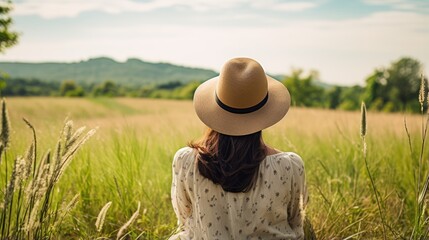 Rear View of Woman in Hat Enjoying Rural Landscape in Nature