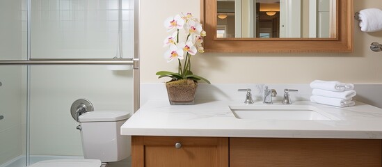 A room with a mirror above the sink and towel on the wall next to the vanity.