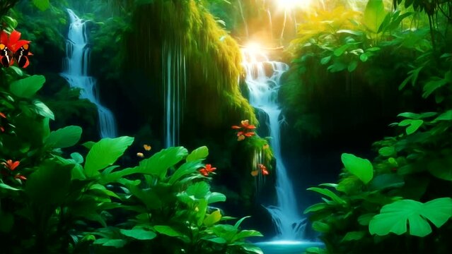 Serene Waterfall Amidst Lush Green Foliage, Generative Ai