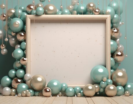 frame and free space on the background with Christmas balls and snowflakes in light turquoise and gold colors
