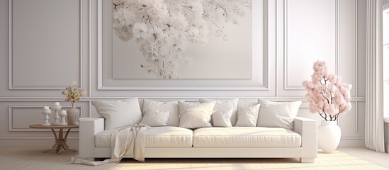 chic white room with a sofa, showcasing Scandinavian interior design.