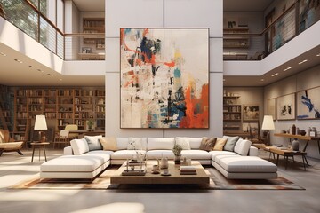 Artistic Gallery Living Room with gallery-style lighting, floating artwork, and a gallery-worthy, artistic interior. Artistic gallery home decor. Template