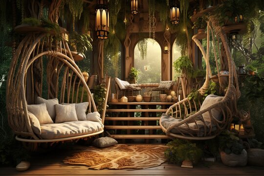 Boho Treehouse Retreat with suspended seating, tree trunk tables, and a whimsical, treetop escape. Boho treehouse home decor. Template