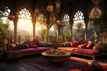 Arabian Nights Lounge with ornate furnishings, vibrant textiles, brass lanterns, and an exotic, Middle Eastern ambiance. Arabian Nights home decor. Template