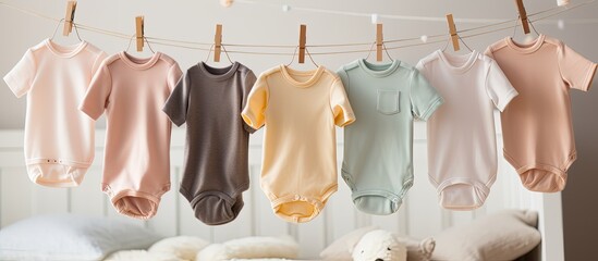 Preparing for the baby, parents wash and hang newborn clothes. - obrazy, fototapety, plakaty