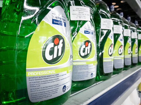 BELGRADE, SERBIA - AUGUST 5, 2023: Logo of Cif detergent on bottles of professionnal cleaning product for sale. Cif is a french brand of household chemical cleaning products from Unilever.