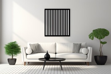 Minimalist Living Room in Monochrome Palette featuring a sleek white sofa, black coffee table,...