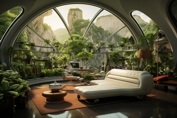 Fototapeta premium Futuristic Bio-Dome Living Room with a lush indoor ecosystem, transparent dome ceiling, and a futuristic, eco-conscious design. Futuristic bio-dome home decor. Template