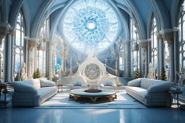 Futuristic Ice Palace Parlor with ice sculptures, crystalline furniture, and a glacial, futuristic...