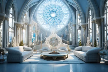 Photo sur Plexiglas Vieil immeuble Futuristic Ice Palace Parlor with ice sculptures, crystalline furniture, and a glacial, futuristic wonderland. Futuristic ice palace home decor. Template
