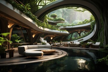 Futuristic Jungle Retreat with a lush indoor rainforest, hanging vines, and a futuristic, nature-inspired design. Futuristic jungle retreat home decor. Template