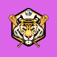 Vector illustration of tiger head with baseball bat and ball on purple background.