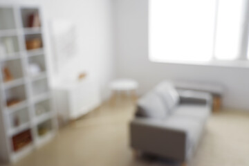 Blurred view of light living room with sofa and shelf unit