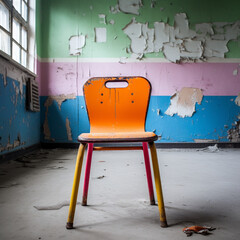 abandonment of education, empty chair, peeling wall, dirt, sadness, children, quality of life,...