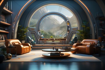 Fototapeta premium Space Explorer's Lounge with spaceship-inspired furniture, celestial decor, and a futuristic, interstellar ambiance. Space explorer's home decor. Template