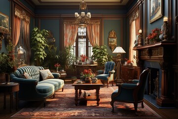 Fototapeta na wymiar Timeless Victorian Living Room with antique furnishings, rich textiles, floral wallpaper, and a classic, elegant ambiance. Victorian home decor. Template