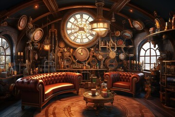 Time-Traveler's Steampunk Lounge with a time machine, vintage gadgets, and a time-traveler's den. Steampunk time traveler's home decor. Template - obrazy, fototapety, plakaty
