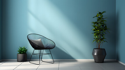 interior with chair and plant, blue wall