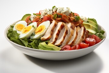 Appetizing Cobb salad. Traditional American cuisine. Popular authentic dishes. Background with selective focus