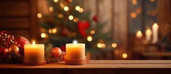 Christmas eve brings a cozy and warm atmosphere to the room with a beautiful candlestick that illuminates the wooden floor and gifts in the background, creating a festive mood.