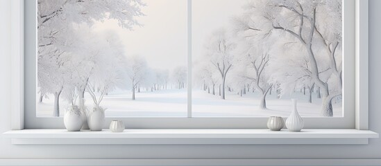 Scandinavian interior design with white room and winter landscape in window, depicted in illustration.