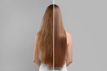 Photo of woman divided into halves before and after hair treatment on grey background, back view