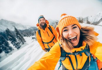 Happy couple taking a selfie and having fun together on the top of the snowy mountain - Young friends in yellow ski gear doing sport in the snow. Winter vacations travel concept
