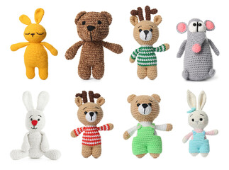 Obraz premium Set with different knitted toys isolated on white