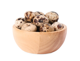 Wooden bowl with quail eggs isolated on white