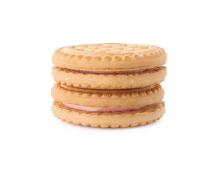 Tasty sandwich cookies with cream isolated on white