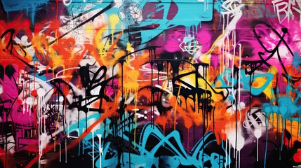 Deurstickers Abstract wall scribbles background. Street art graffiti texture with tags, drawings, inscriptions and spray paint stains © Ziyan Yang