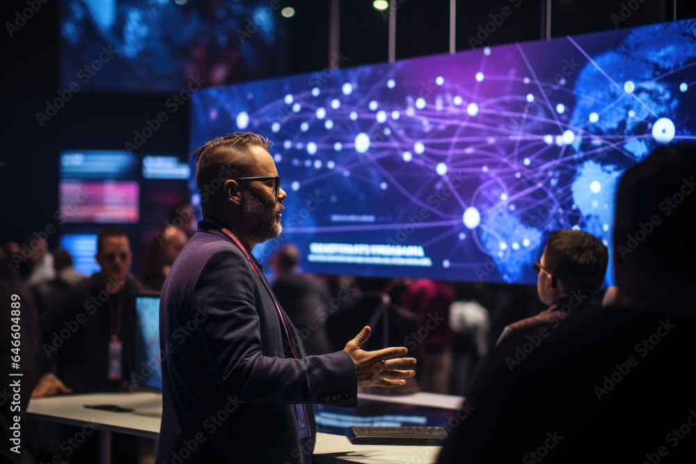 Poster a person participating in a blockchain conference in a virtual event space. generative ai.