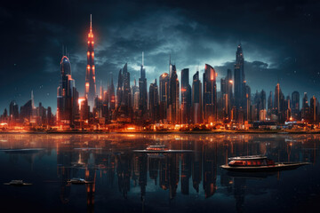Fototapeta na wymiar A futuristic metaverse city skyline, highlighting the digital landscape's grandeur. Generative Ai.