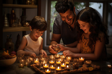 A family lighting oil lamps in their home to celebrate Diwali, creating a warm and inviting atmosphere. Generative Ai.