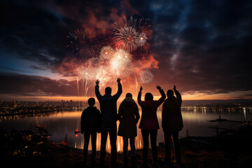 A group of friends and family members bursting fireworks in the night sky, symbolizing the victory of light over darkness. Generative Ai.