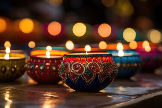 A close-up of colorful and intricately designed Diwali diyas (lamps) arranged in a row. Generative Ai.