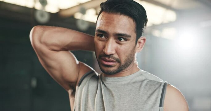 Fitness, neck pain and face of man at gym for training with muscle, problem or arthritis. Sports, injury and guy athlete with shoulder, joint or massage for backache, fibromyalgia or osteoporosis