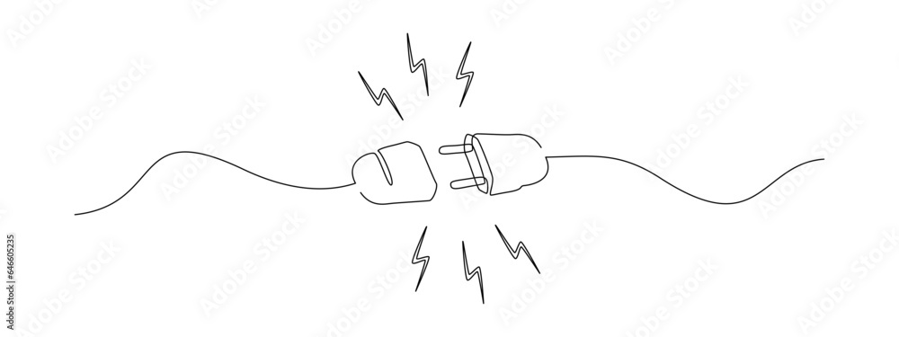 Poster one continuous line drawing of plug inserting into electric outlet. power socket disconnect in simpl