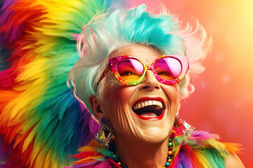 Elderly woman sporting a rainbow - colored wig and oversized glasses, standing with a wide smile against a multicolored background.