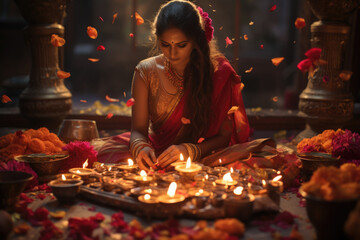 Obraz na płótnie Canvas A person offering prayers at a beautifully adorned Diwali shrine or altar. Generative Ai.
