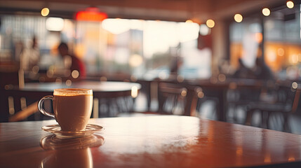 Vintage cafe experience. Closeup of white cup of coffee on vintage wooden table on blur restaurant...