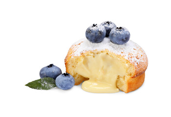 Tasty vanilla fondant with white chocolate and blueberries isolated on white