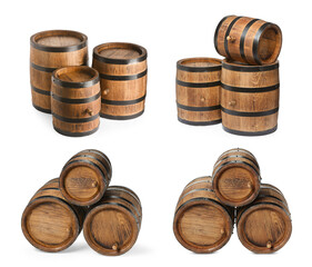 Collage with wooden barrels on white background