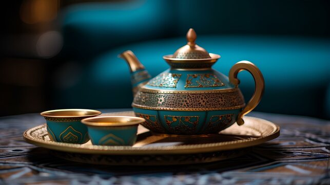 Rich teal and gold tones highlighting a Moroccan tea set on a patterned rug. Traditional national culture concept. generative AI