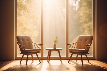 In a mid-century modern living room, two barrel chairs and a round wooden coffee table sit by the window, near a paneled wall adorned with curtains. Generative AI.