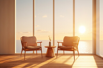 Fototapeta premium In a mid-century modern living room, two barrel chairs and a round wooden coffee table sit by the window, near a paneled wall adorned with curtains. Generative AI.