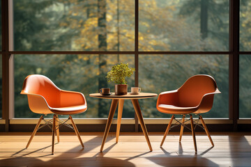 In a mid-century modern living room, two barrel chairs and a round wooden coffee table sit by the...