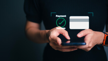 Woman using mobile smart phone, online payment, banking and online shopping