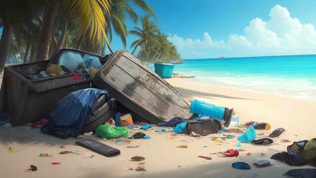 Trash and Debris that washed up on a beautiful tropical beach